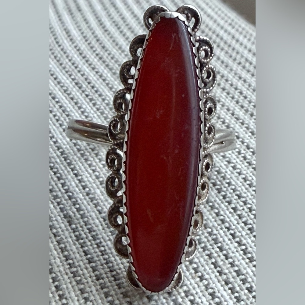 Beau Sterling Silver Red Stone Filigree Adjustable Vintage Ring - Picture 5 of 7